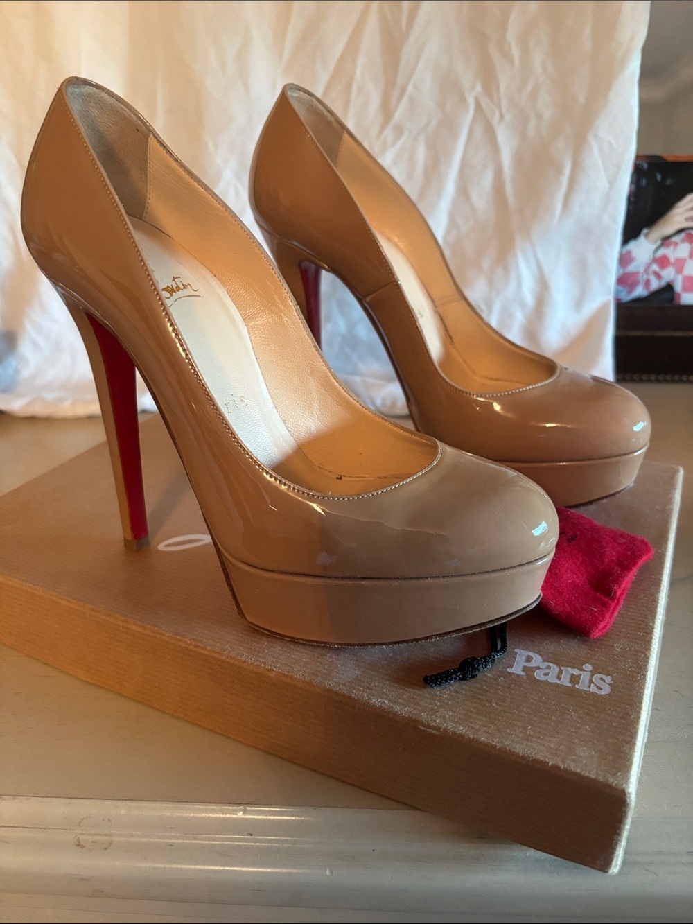 Christian Louboutin Nude Patent Platform Pumps with Red Soles